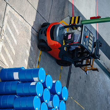 Top view oil barrels forklift truck move for on the transportation worker help arrange_edi