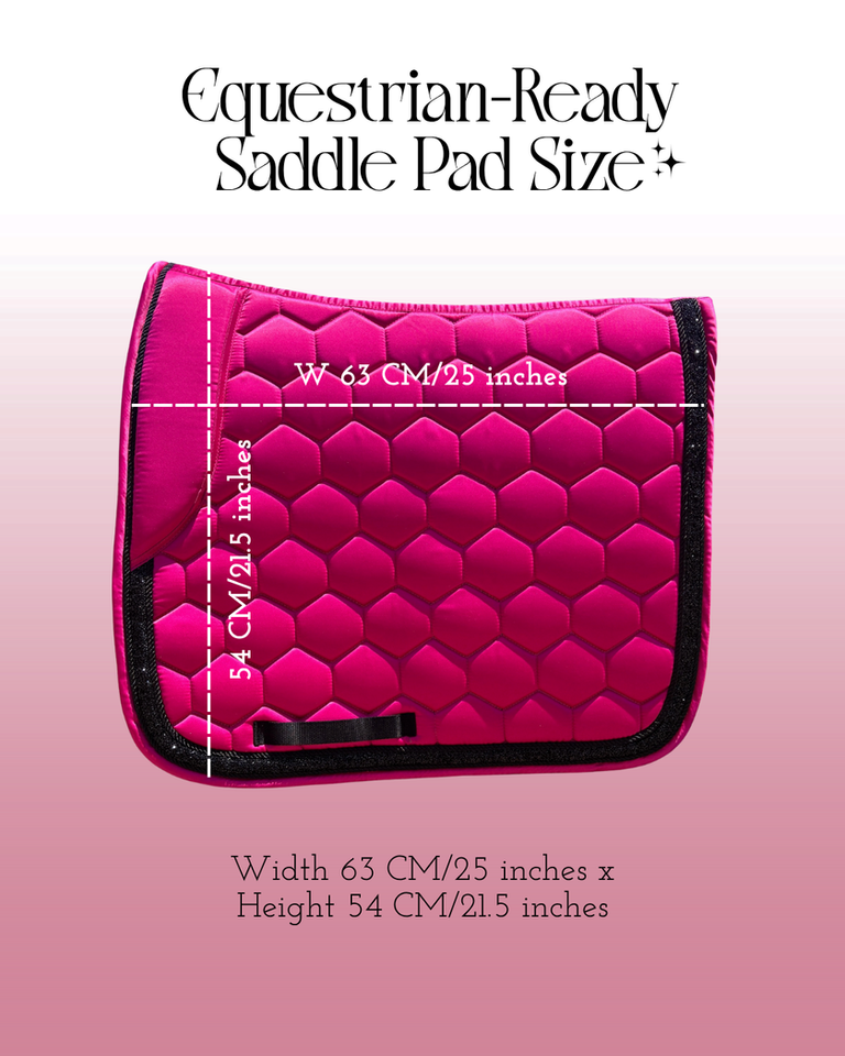 Pink Jewel Noir English dressage horse saddle pad in pink satin with black crystal trim, 25 x 21.5 inches