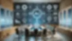 The image shows a sophisticated, modern office conference room focused on a Quality Management System (QMS) for AI technologies. The room features a large meeting table surrounded by chairs, with a high-tech digital display wall as the backdrop. The display prominently showcases an "AI" icon at the center, connected to various icons representing aspects of the QMS, such as Technology & Legal, Compliance & Legal, Data Management, and Protection.