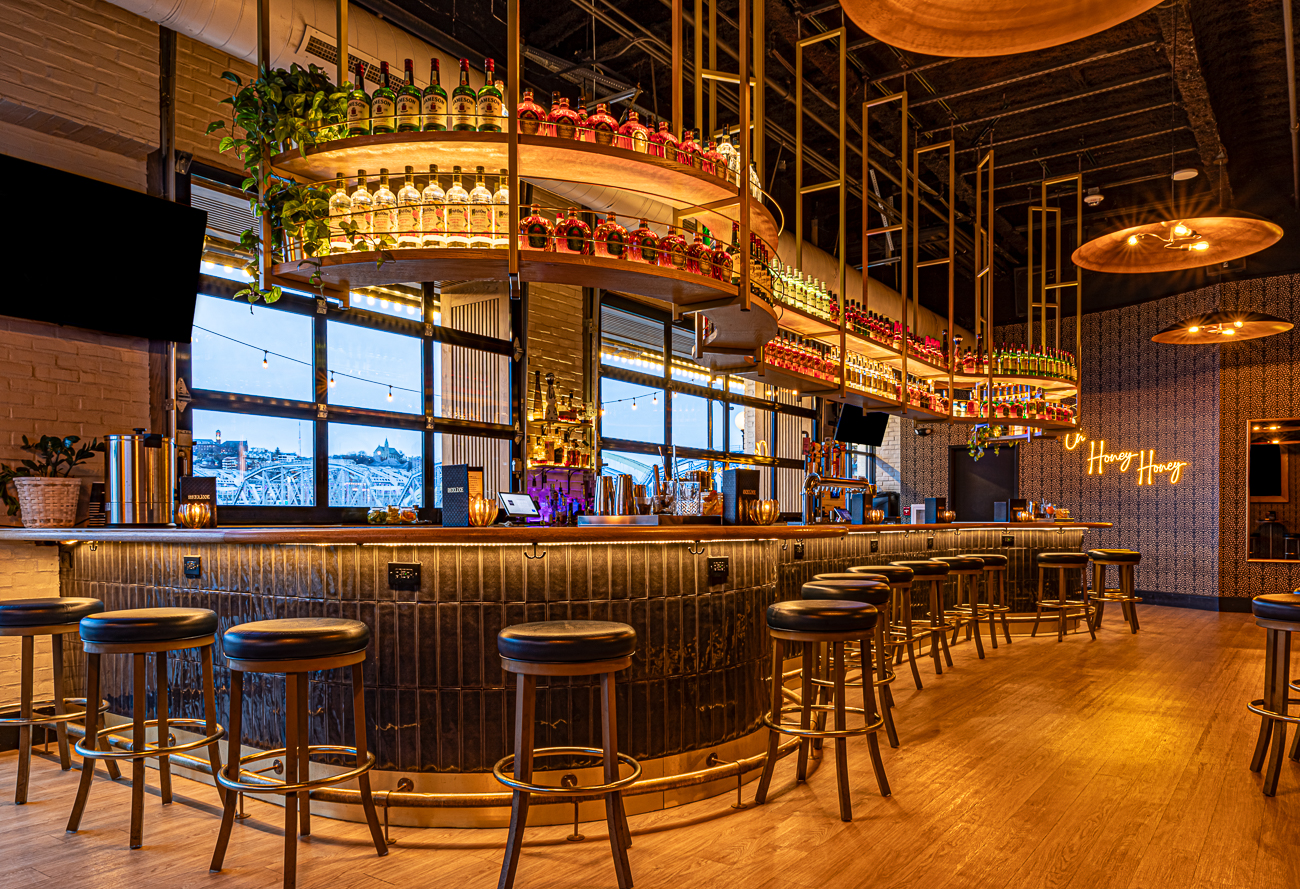 A wide shot of the entire bar at Beeline
