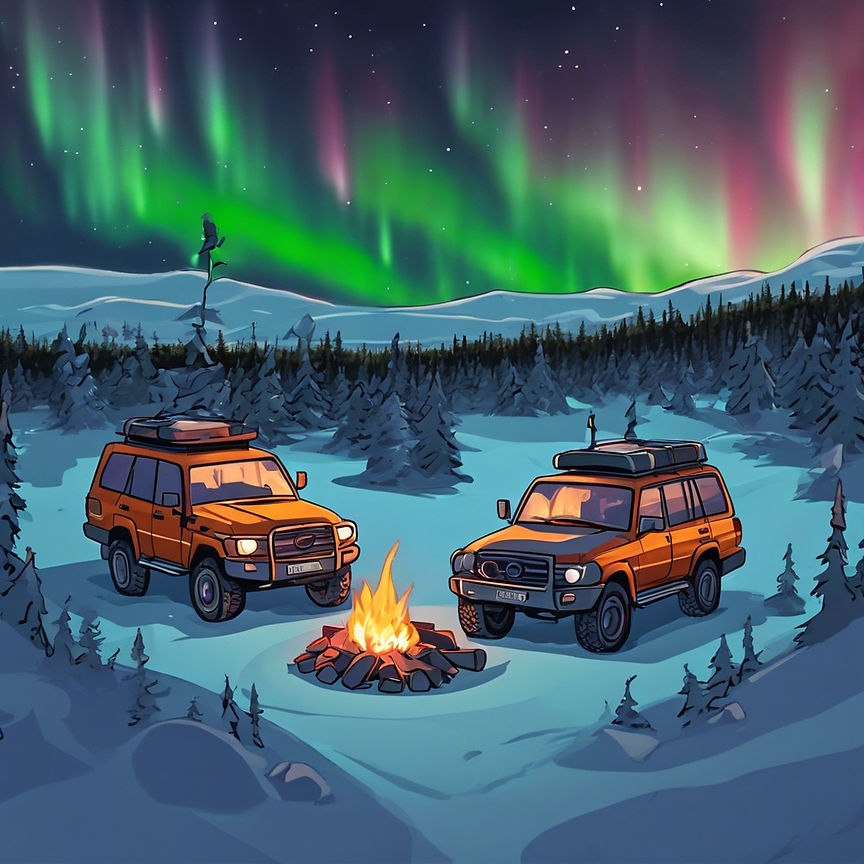 Two Land Cruiser HDJ80 vehicles in Finnish Lapland nature with small campfire. There are a