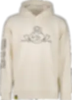 Frontansicht des hell-beigen Hoodies mit wütendem Enten-Logo mit schwarzer Kontur und dem Ärmel-Aufdruck: "Grumpy Duck Fresh Food Forever"