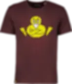 Frontansicht des Burgunderrotes T-Shirts mit gelbem, wütendem Enten-Logo, die Arme gekreuzt.