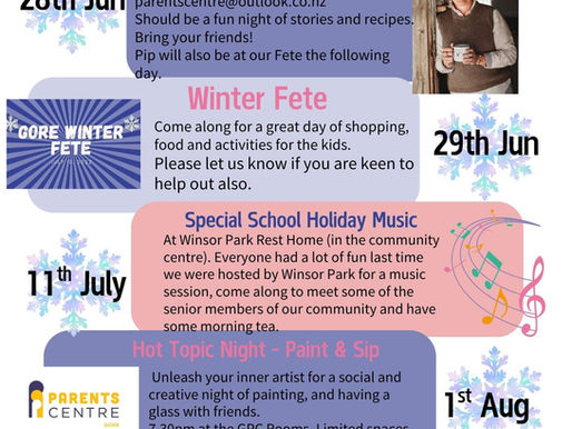 poster for winter activities at Gore parents centre