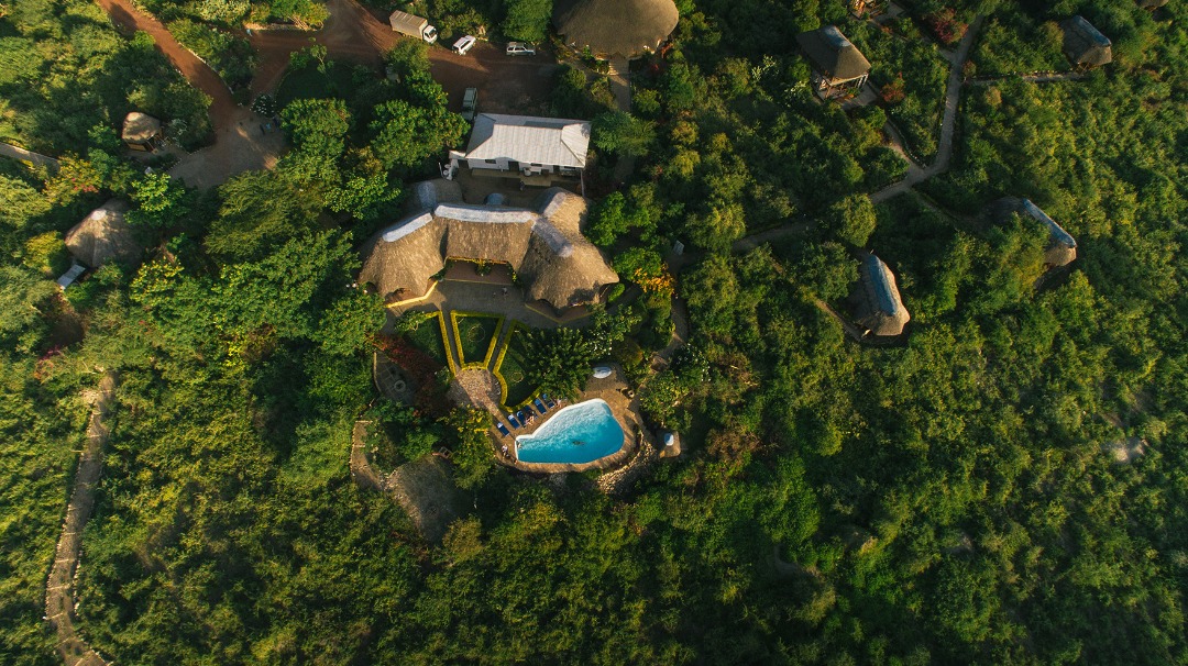 Aerial view of the camp and pool at Manyara Wildlife Safari Lodge