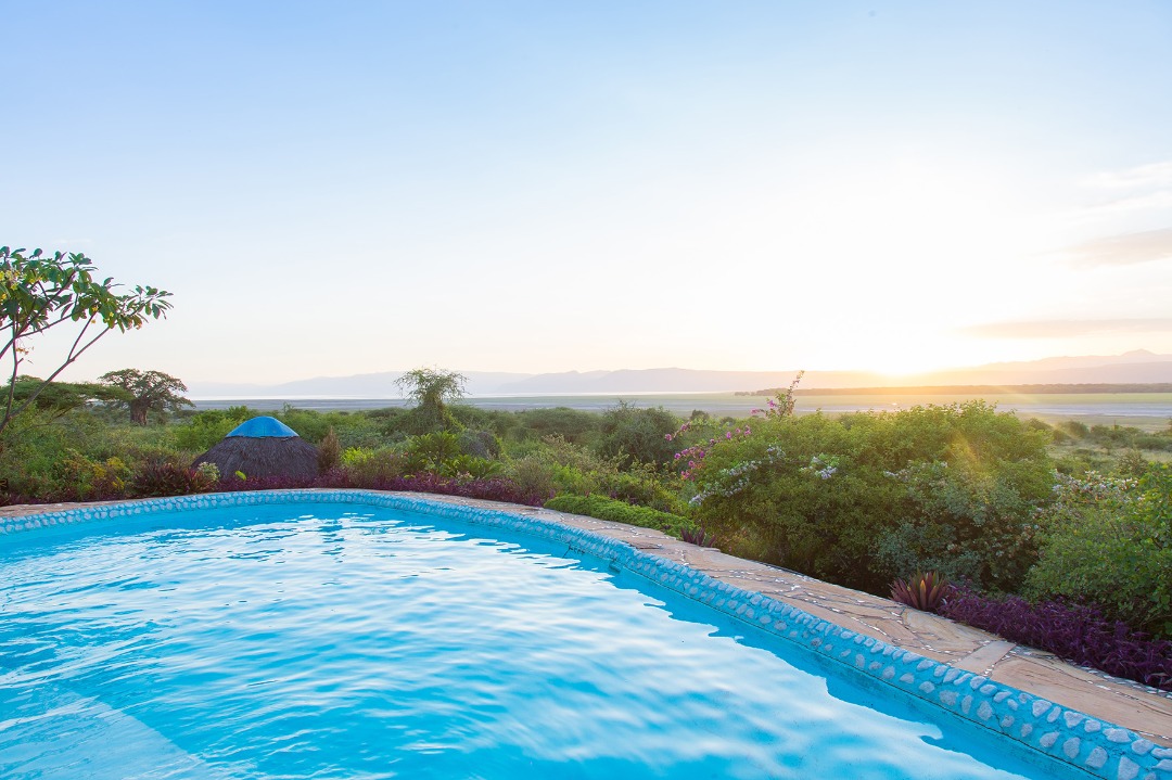 Infinity pool and Lake Manyara view at Manyara Wildlife Safari Lodge