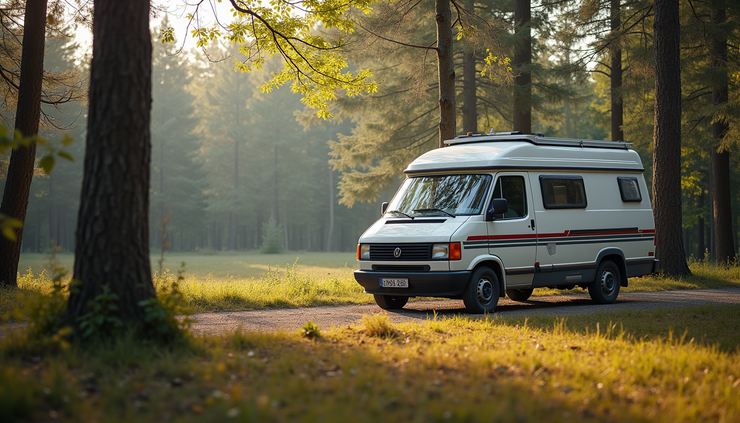 Vista lateral de una autocaravana en un camping rodeado de árboles en la Selva Negra