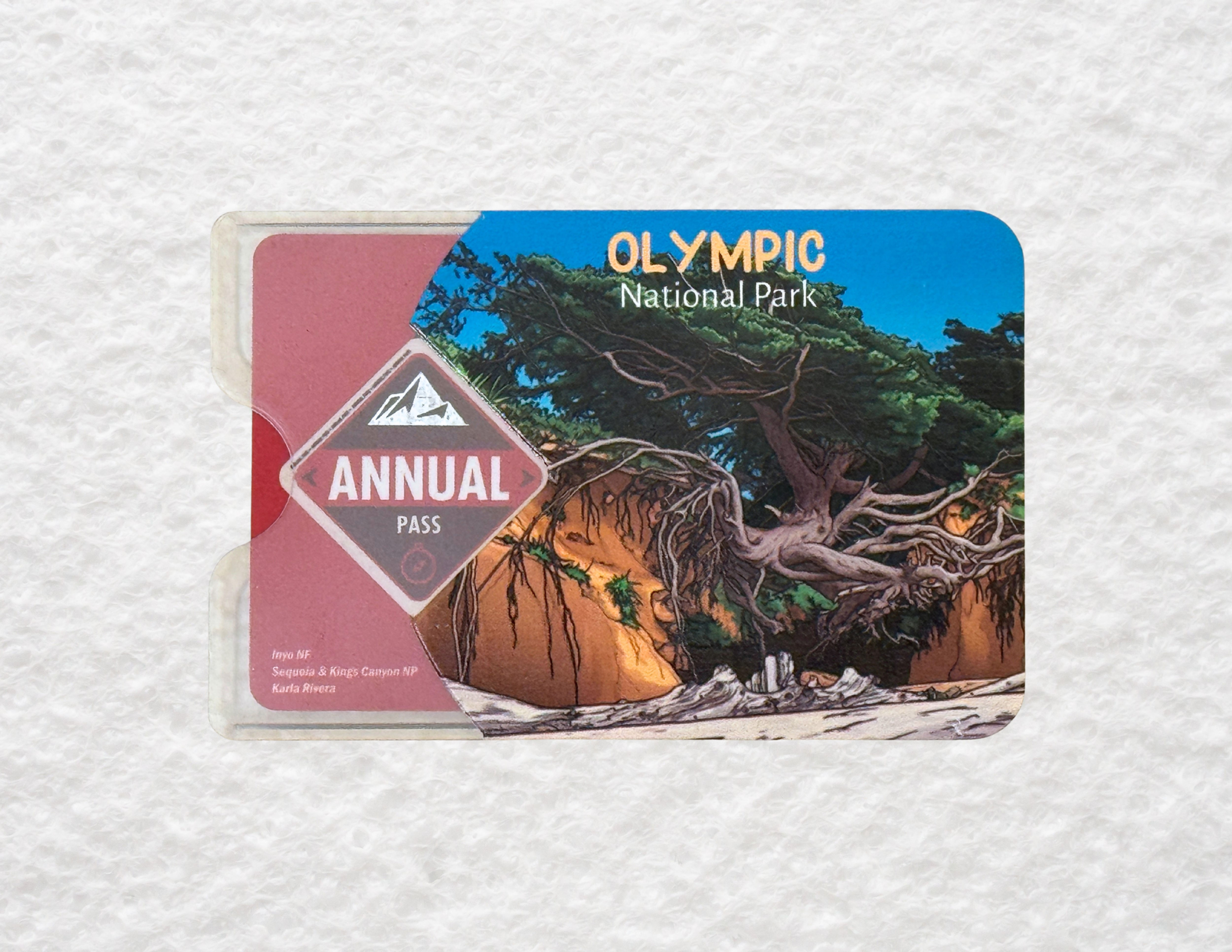 A translucent plastic sleeve for America the Beautiful National Park passes featuring a design of Olympic National Park