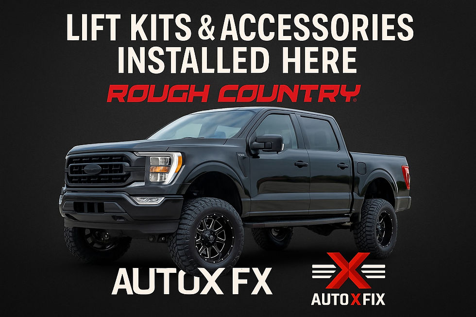 Black truck with lift kit on a dark background. Text: "Lift Kits & Accessories Installed Here," "Rough Country," "AutoX FX."