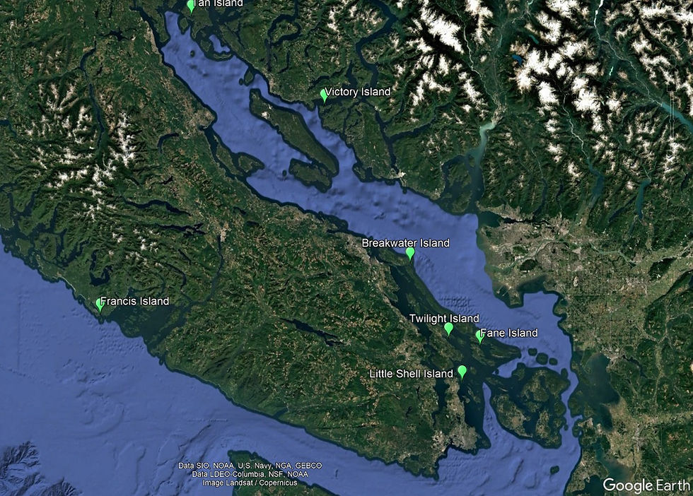 Satellite map of coastal islands and waterways in British Columbia, labeled Victory, Breakwater, Twilight, Fane, Little Shell, and Francis Islands. Active listings for private islands.