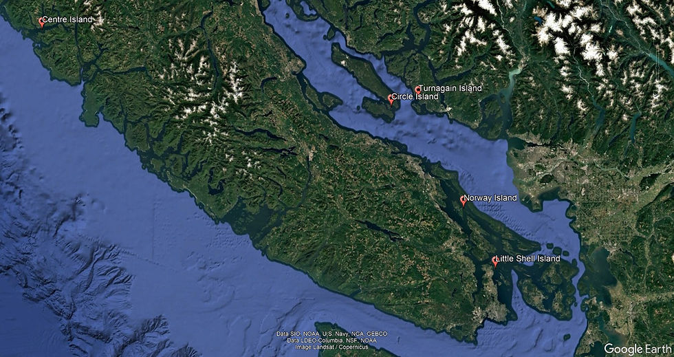 Satellite map of SW British Columbia labeled islands: Centre, Circle, Turnagain, Norway, and Little Shell. Recently sold islands.