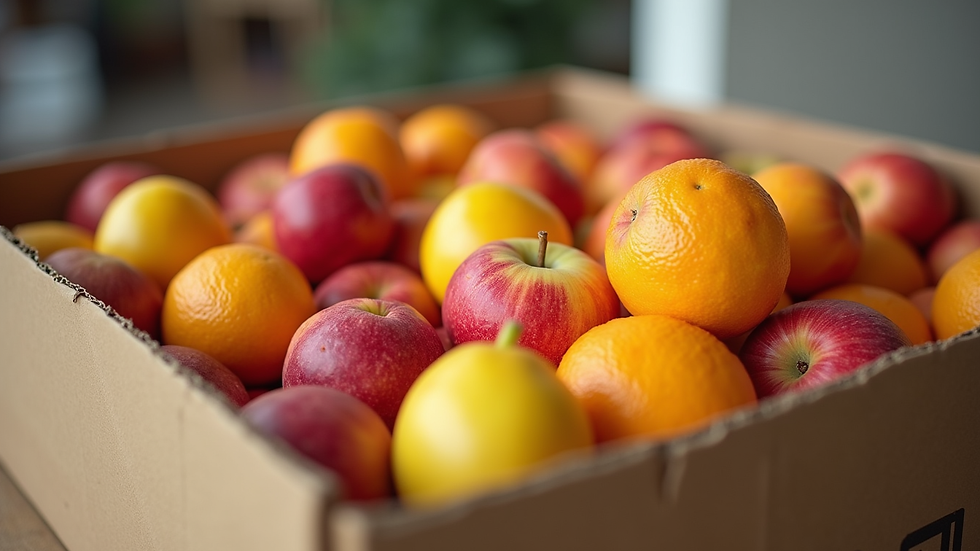 Close-up view of a delivery box filled with fresh fruits ready for shipment