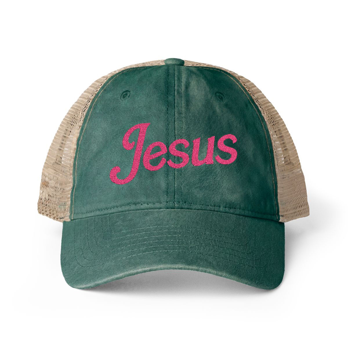Green Jesus wash mesh-back cap