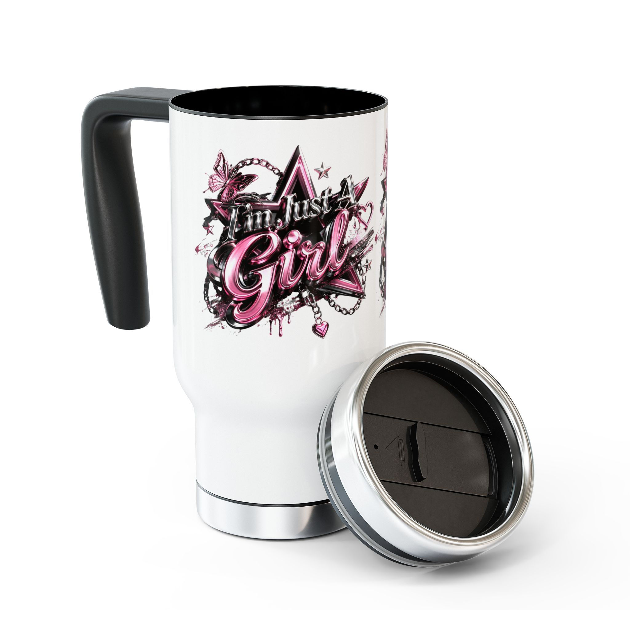 'I'm Just a Girl' Pink Graphic Travel Mug — 14oz Stainless Steel with Handle