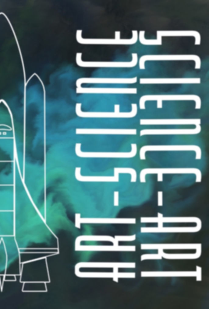 A NASA pic of a blue/green Plankton bloom with an outline of the Space Shuttle & Art-Science text.