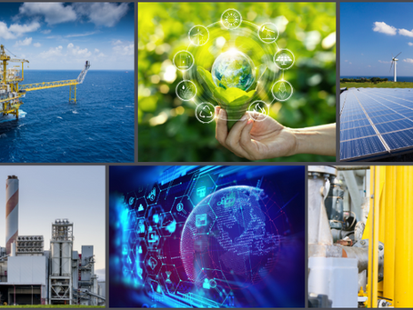 Historic-to-modern energy collage—coal, oil well, wind turbine, solar array, transmission lines—illustrating contested narratives around a “forced energy transition.