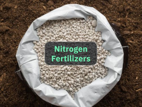 Top-down photo of a white sack filled with granular nitrogen fertilizer on dark soil, with a label “Nitrogen Fertilizers,” symbolizing the link between energy, ammonia, and food production.
