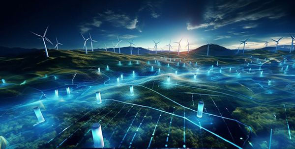 Futuristic landscape of hills with wind turbines overlaid by glowing digital networks and nodes, representing decentralized grids and peer-to-peer energy flows.