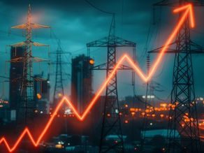 Night cityscape with transmission towers and a glowing red arrow rising upward, symbolizing fast-growing electricity demand and pressure on power systems.