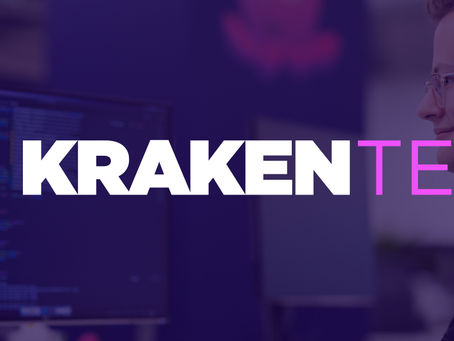 Purple banner with the Kraken Tech brand—pink octopus logo and bold “KRAKEN TECH” text—beside a developer working at monitors showing code.