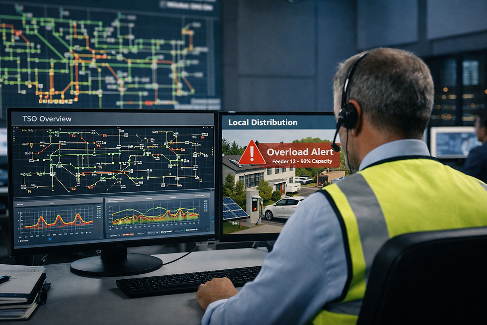 Diagram of a neighborhood feeder showing EVs, heat pumps, rooftop PV, and batteries coordinated by HEMS to relieve local congestion and stabilize voltage.