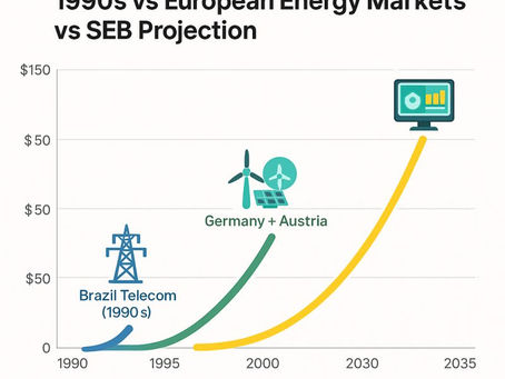 Curved-line chart comparing the 1990s Brazil telecom boom, Germany/Austria energy liberalization, and Brazil SEB 2024–2035 projection, with SEB rising steepest toward $150B.