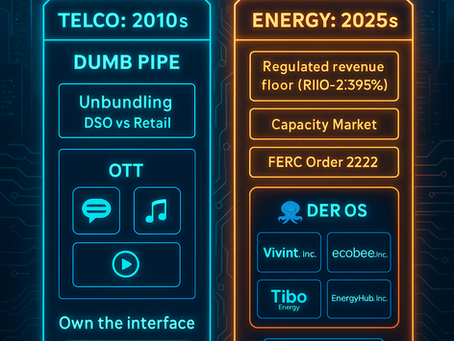 Energy digital transition infographic: compares telco ‘dumb pipe’ era with energy’s 2025s model—regulated revenue floor (RIIO-2: 3.95%), capacity market, FERC Order 2222—and highlights DER operating systems and HEMS brands (Vivint, ecobee, Tibo, EnergyHub) under the theme ‘Regulated stability + software speed.