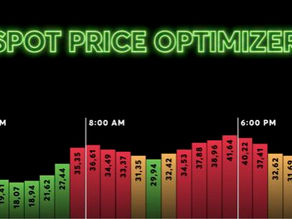 Neon “Spot Price Optimizer” over a 24-hour price bar chart in green-to-red colors, illustrating how consumers can shift usage to low-cost hours.