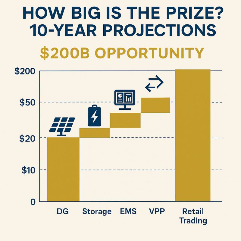 Waterfall chart titled “How Big Is the Prize? 10-Year Projections — $200B Opportunity,” with segment steps for DG (~$20B), Storage (adds value), EMS (adds further), VPP (adds to roughly $50–60B total), and a tall Retail Trading bar reaching about $200B; icons depict a solar panel, battery, EMS screen, and bidirectional arrows.