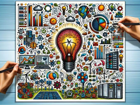 Colorful illustration of a giant light bulb surrounded by data charts, dashboards, gears, wind turbines, and solar panels, symbolizing analytics powering the energy system.