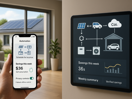 Clean smart-home dashboard showing solar generation, battery level, EV charging schedule, heat pump status, and a weekly “money saved” summary—representing an Energy SaaS-powered HEMS.