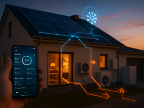 Twilight photo of a modern European home with roof solar PV, driveway EV, wall-mounted heat pump and home battery, overlaid with subtle AI flow graphics; a hand holds a smartphone showing a live energy app that coordinates charging, heating and storage.