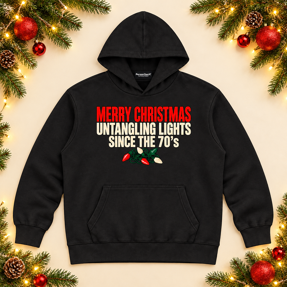 Untangling Lights Since the 70’s Christmas Oversized Hoodie full black garment Christmas mockup
