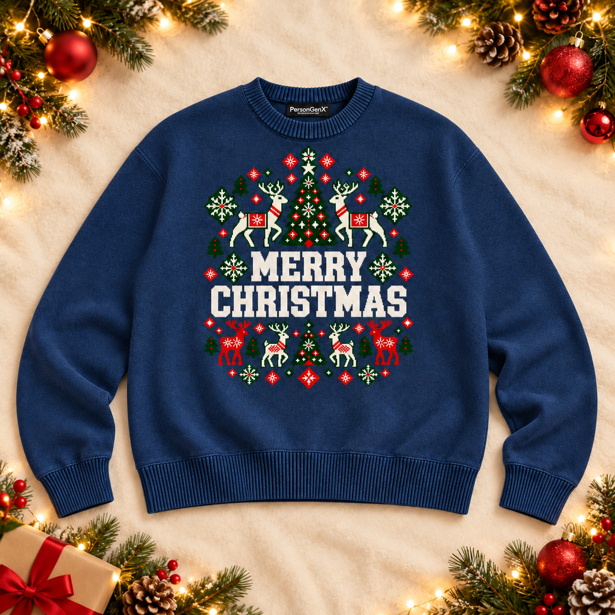 Merry Christmas Reindeer Ugly Sweater approved front mockup