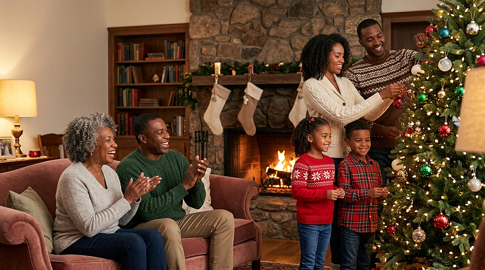 Stock photography of a multi-generational family celebrating in a cozy, decorated living room by a fireplace. The atmosphere is warm, festive, and joyful.