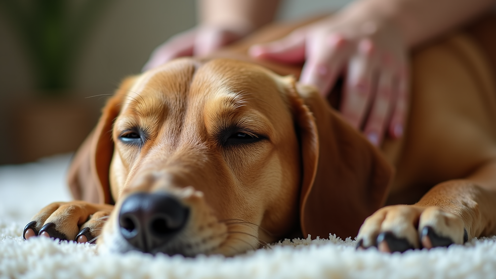 Close-up view of a calm dog resting during a Reiki healing session