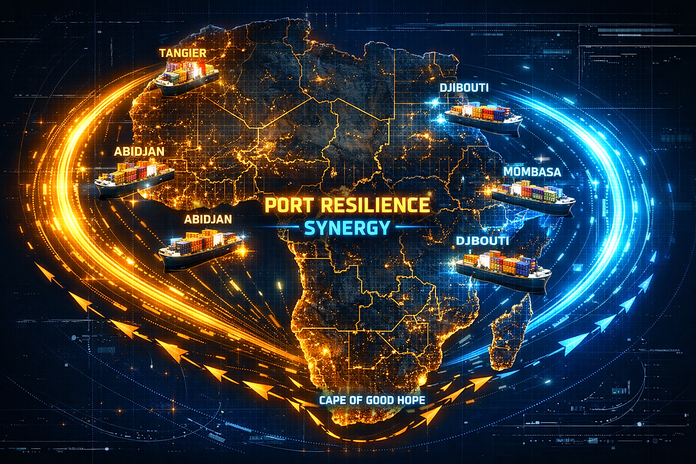 Carte maritime stratégique high-tech de l’Afrique montrant les principaux ports (Tanger, Abidjan, Luanda, Durban, Mombasa, Djibouti) connectés par des flux commerciaux lumineux contournant le Cap de Bonne-Espérance, illustrant la résilience portuaire et les nouvelles routes maritimes africaines.