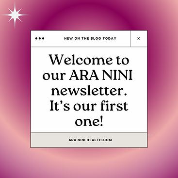 Welcome message for ARA NINI newsletter on a pink gradient background with star detail. Text: "It's our first one!" Mood: Excited.