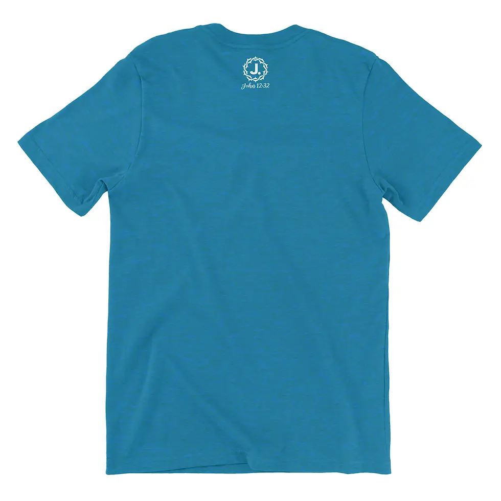 Turquoise t-shirt with white text on back, blank front, casual wear.