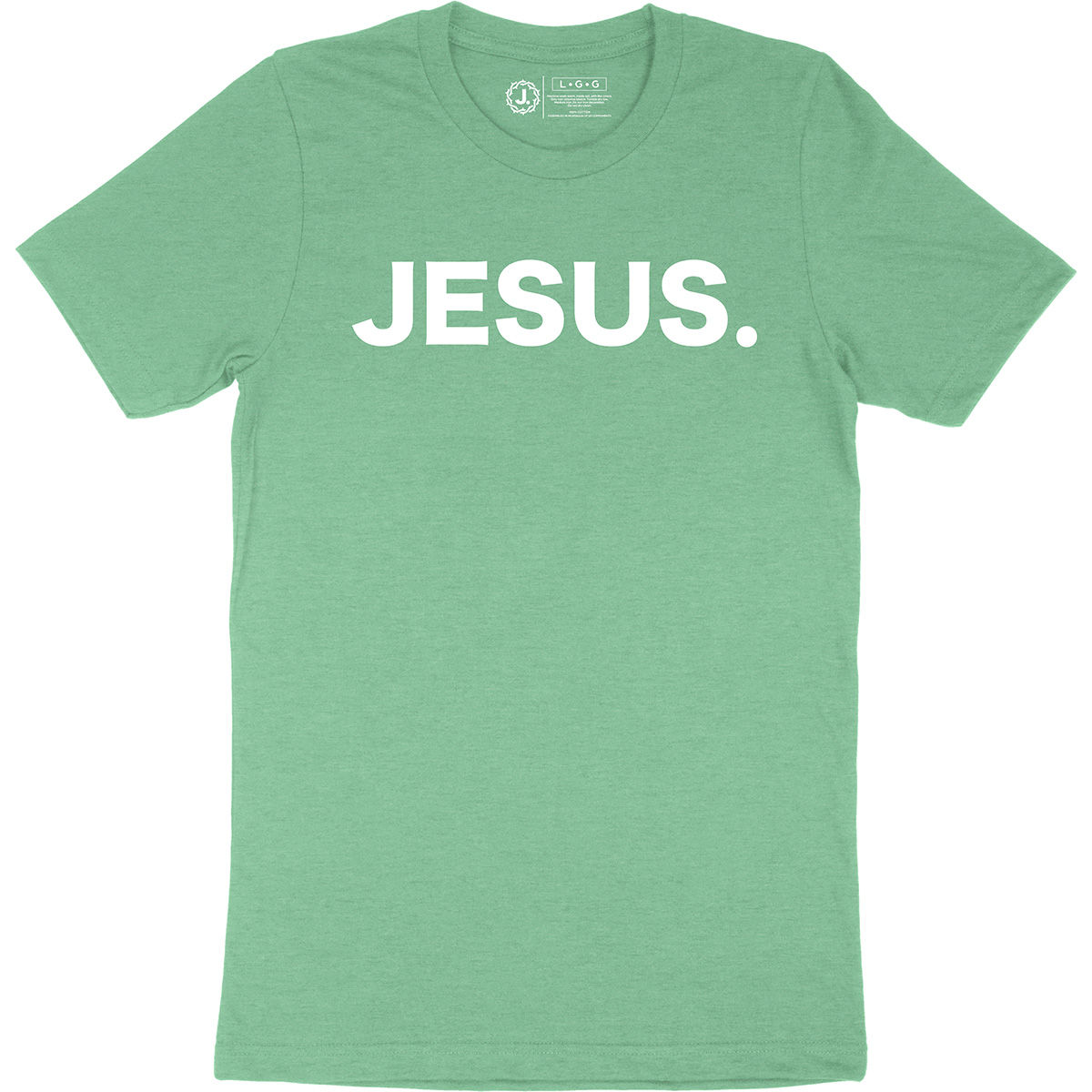 Green t-shirt with the word JESUS. The Jesus Tee - Mint Mist.