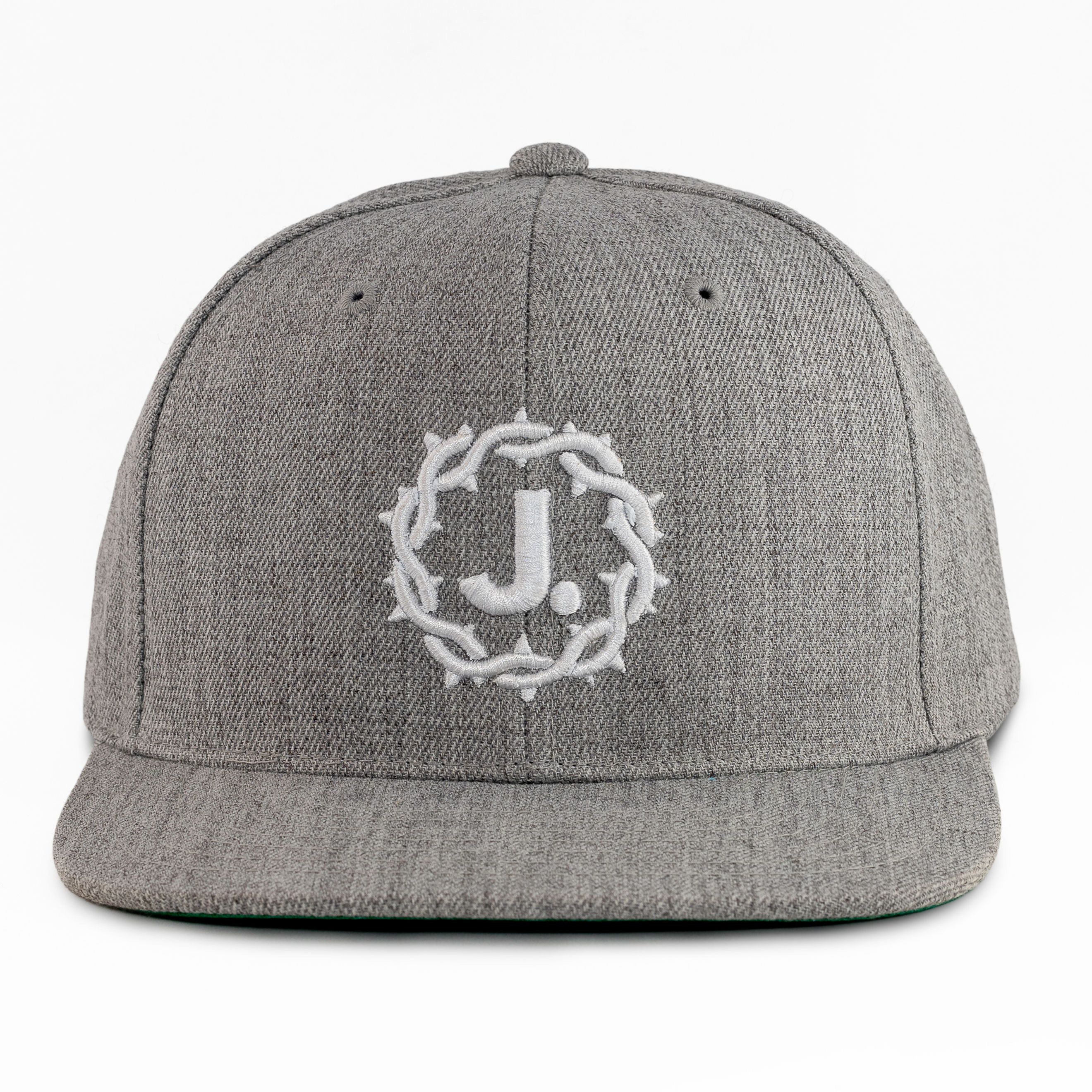 Heather gray snap back baseball cap with bold white Jesus Period logo embroidered on the front.