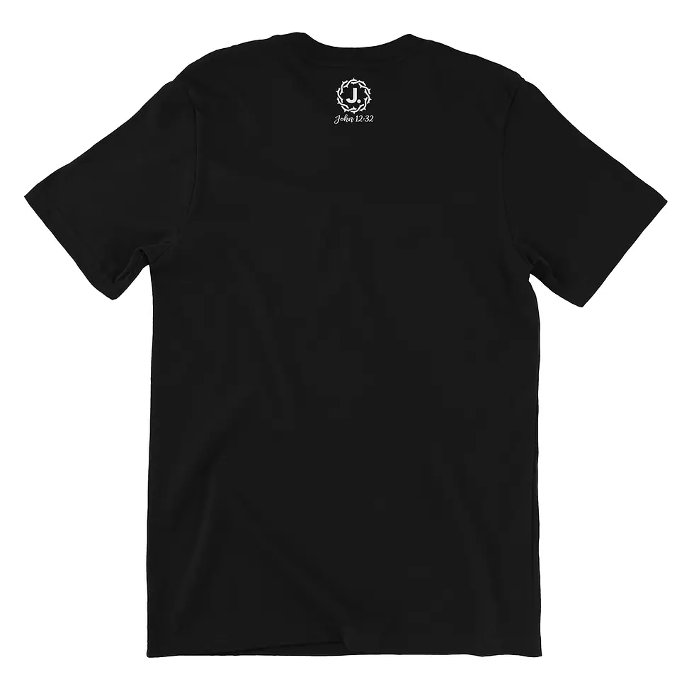 A black t-shirt with a logo and Scripture Tee - Black on display.