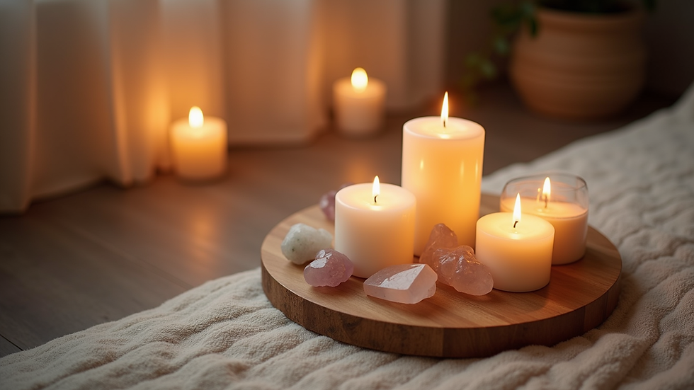 High angle view of a peaceful meditation space with candles and crystals arranged neatly