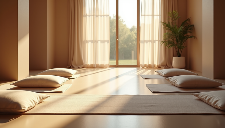 High angle view of a peaceful meditation space with cushions and soft natural light