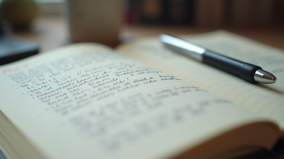Close-up view of a journal with handwritten reflections and a pen on a wooden table
