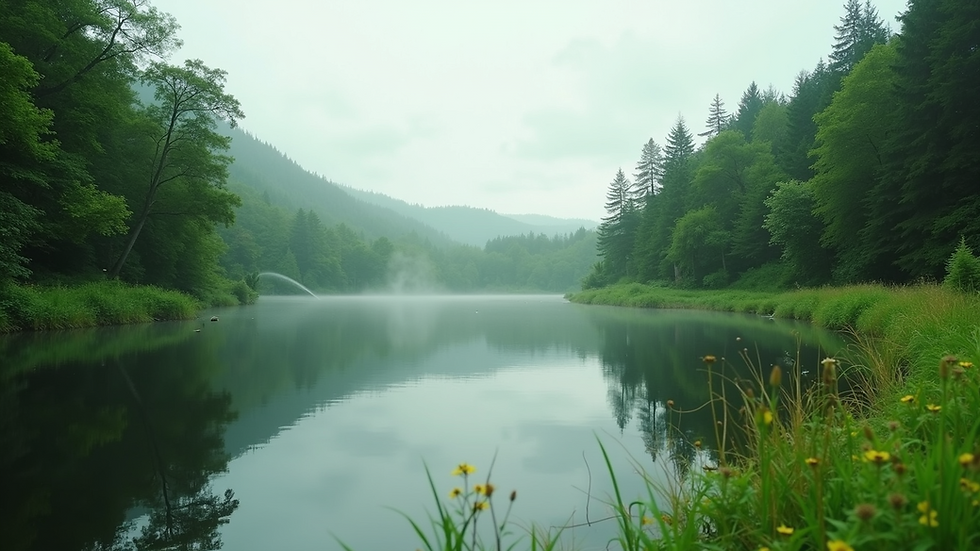 Eye-level view of a tranquil lake surrounded by lush greenery