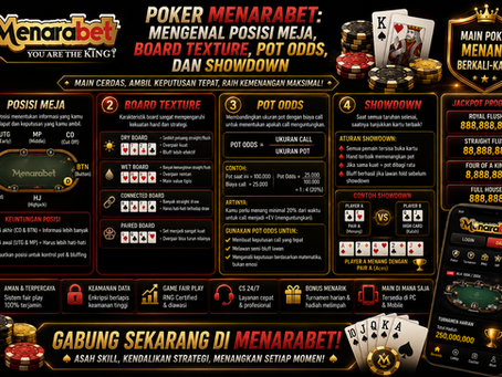 Poker Menarabet menampilkan posisi meja, board texture, pot odds, showdown, kartu komunitas, dan dashboard poker mobile friendly