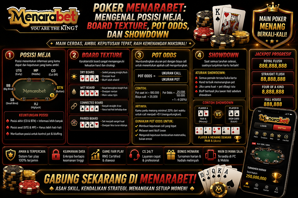 Poker Menarabet menampilkan posisi meja, board texture, pot odds, showdown, kartu komunitas, dan dashboard poker mobile friendly
