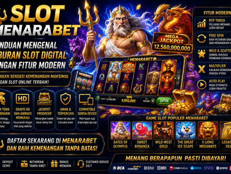 Slot Menarabet menampilkan hiburan slot digital modern dengan gulungan simbol, fitur interaktif, teknologi RNG, panel informasi, aksen biru emas, dan tampilan mobile friendly