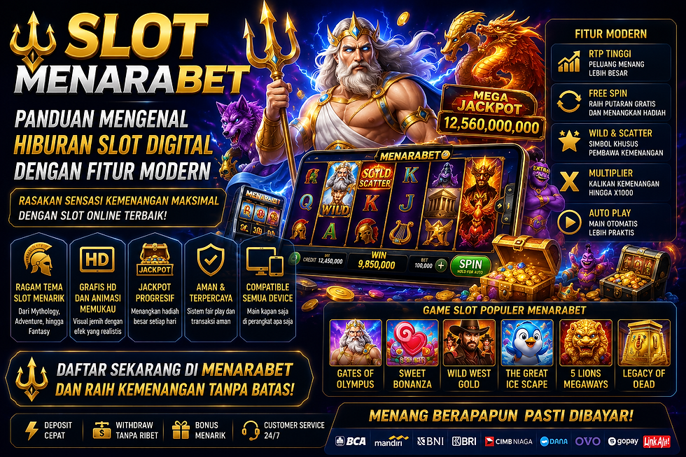 Slot Menarabet menampilkan hiburan slot digital modern dengan gulungan simbol, fitur interaktif, teknologi RNG, panel informasi, aksen biru emas, dan tampilan mobile friendly